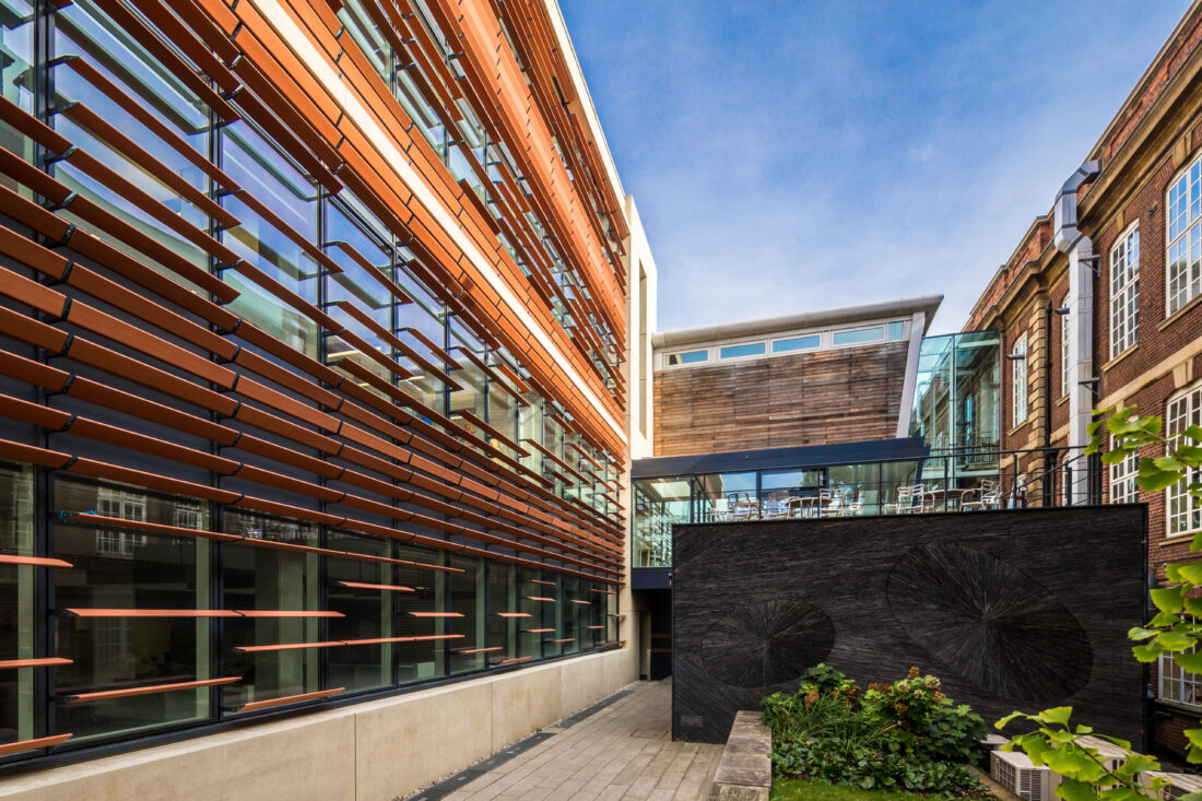 View of the Dunn School terrace, with the OMPI building on the left and Old building on the right