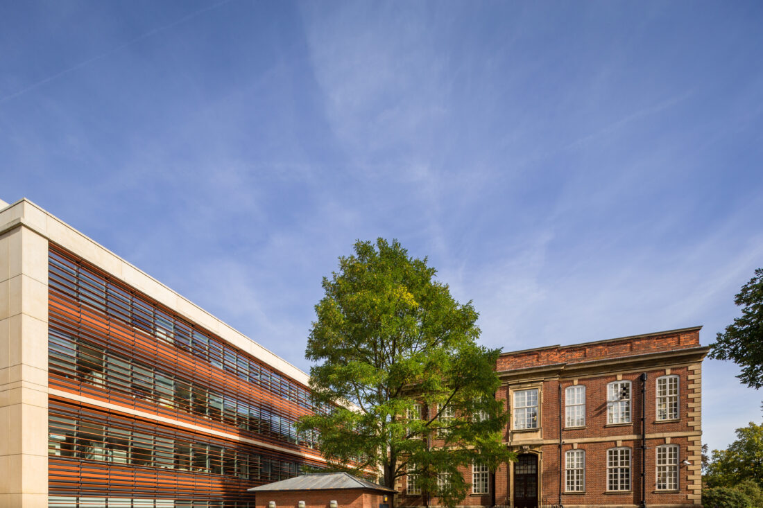 View of the old building (right) and OMPI building (left) with a large tree in the middle