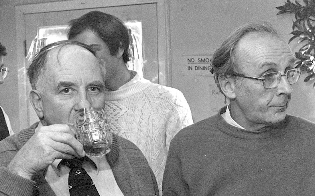 Ken Mabbatt and Don Etheridge, the department histologist, at one of the Christmas parties in the old Kettlewell Hut.