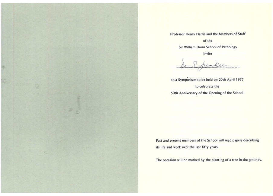 The formal invitation to the Dunn School's 50th anniversary symposium. Addressed toSteffen Junker. 